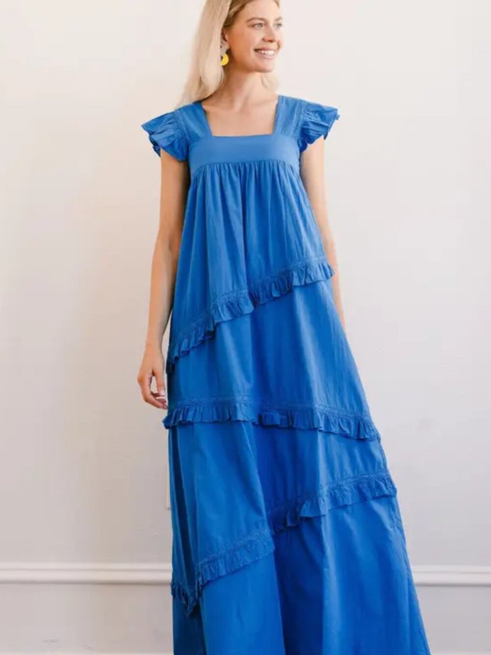 Blue Ruffled Maxi Dress with Square Neck